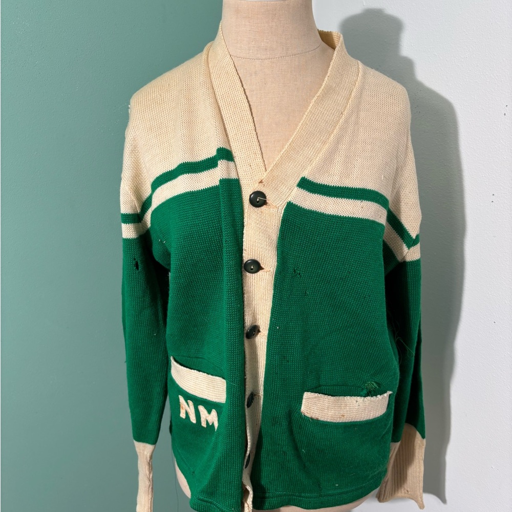 Vintage 1950’s Thrashed Cream and Green Men's Letterman’s Sweater